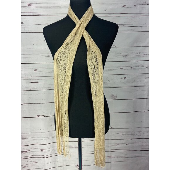Delicate Cream Colored Fringed‎ Ends Thin Accessory Scarf - Picture 2 of 6